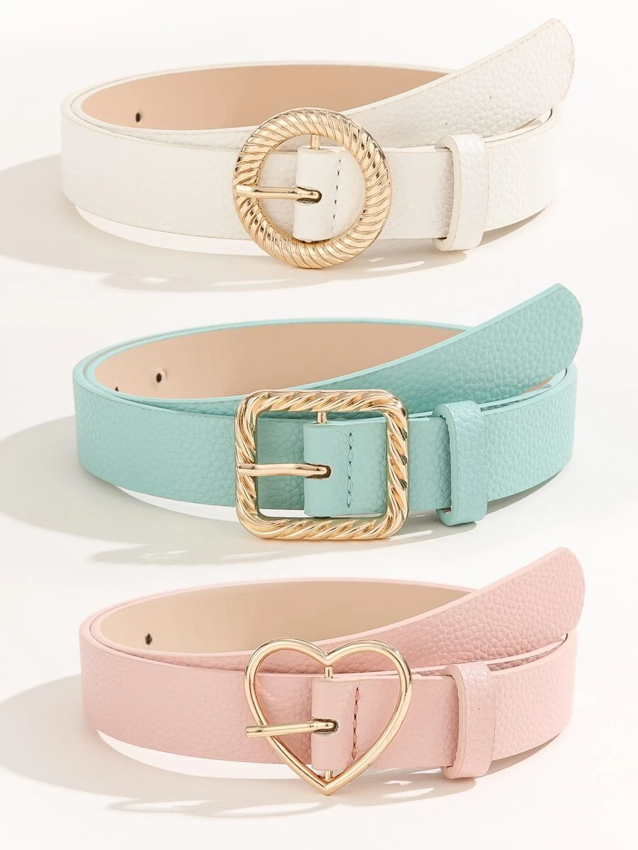 3pcs Litchi Embossed Square Buckle Belt With Punch Tool - Multicolor - View 1