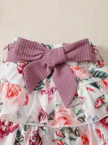 嬰兒女孩荷葉邊吊帶連體衣和花朵印花分層褶邊腰帶裙以及發帶