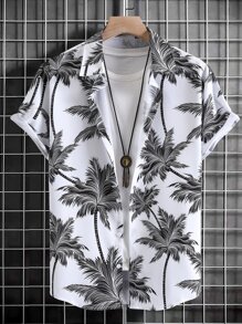 Manfinity RSRT Men Random Palm Tree Print Shirt Without Tee, Slim Fit Short Sleeve Button Up Graphic Colorful Vacation Shirt - Black and White - View 1