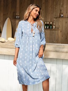 SHEIN Unity 幾何印花系領束腰洋裝 - 藍白色 - 查看 6