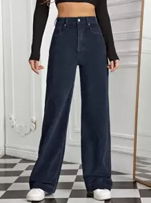SHEIN EZwear 高腰斜口袋燈芯絨長褲 - 藏蓝色 - 查看 1