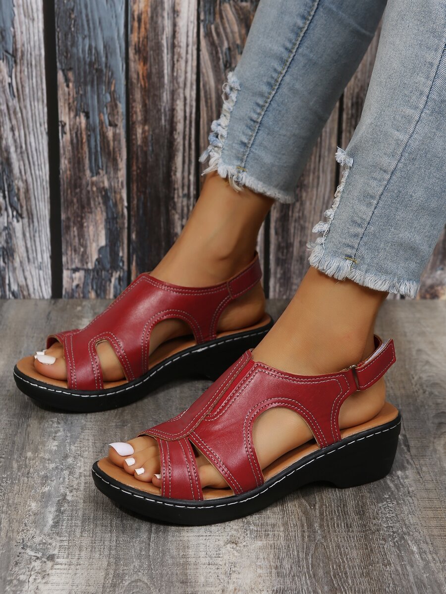 Stitch Detail Flatform Slingback Sandals - Red - View 1