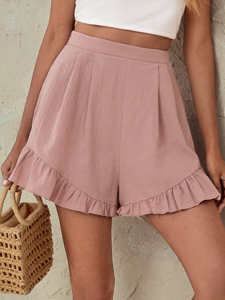 SHEIN Shorts de pierna ancha de talle alto bajo con fruncido - Rosa vieja - Ver 1