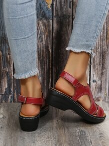 Stitch Detail Flatform Slingback Sandals - Red - View 3