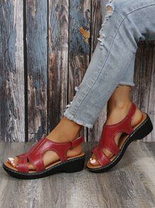 Stitch Detail Flatform Slingback Sandals - Red - View 6