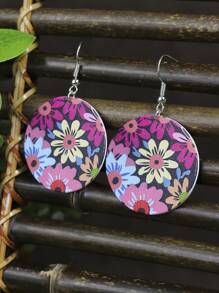 1對波西米亞圓形多色圖案吊墜懸垂耳環適合女士,適用於四,日常穿著,工作,表現,街頭風,服飾配件 - 彩色 - 查看 3