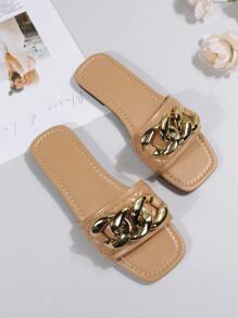 Women's New Summer/Autumn One-Toe Slippers, Versatile Metal Buckle Square Toe Flat Comfortable Beach Shoes - Apricot - View 6