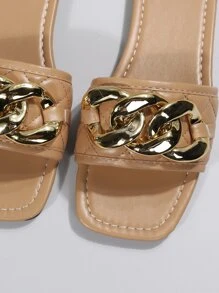 Women's New Summer/Autumn One-Toe Slippers, Versatile Metal Buckle Square Toe Flat Comfortable Beach Shoes - Apricot - View 8