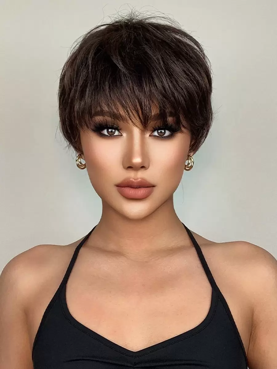 10 Inch Short Straight Wigs Hair Synthetic Heat Resistant Wigs For Women Ripe Refreshing Wigs For Daily Wear - 棕色 - 查看 1