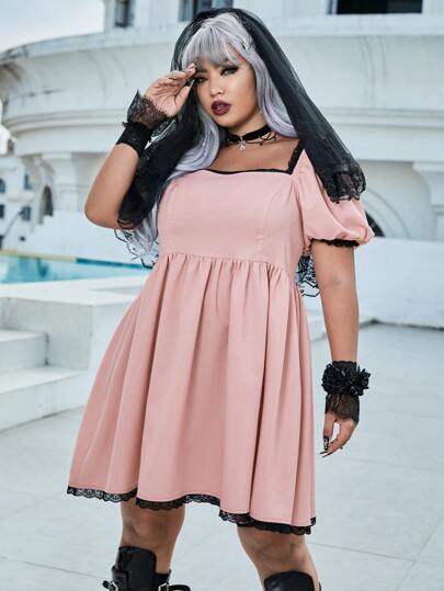 Vestido con encaje en contraste de cuello cuadrado de manga farol sin guantes