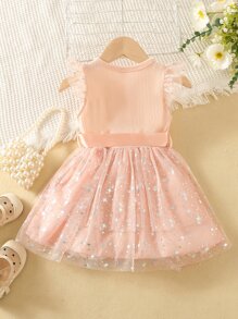 Baby Girl Contrast Mesh Belted Dress - Baby Pink - View 2