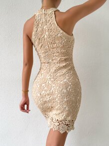 RosyDaze Guipure Lace Zipper Back Halter Neck Bodycon Dress - Beige - View 2