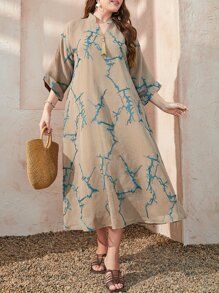 Al Najma 大碼圖案印花缺口領流蘇細節直筒連衣裙