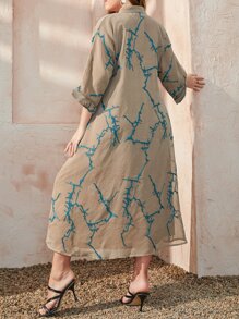 Al Najma 大碼圖案印花缺口領流蘇細節直筒連衣裙