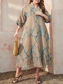 Al Najma 大碼圖案印花缺口領流蘇細節直筒連衣裙