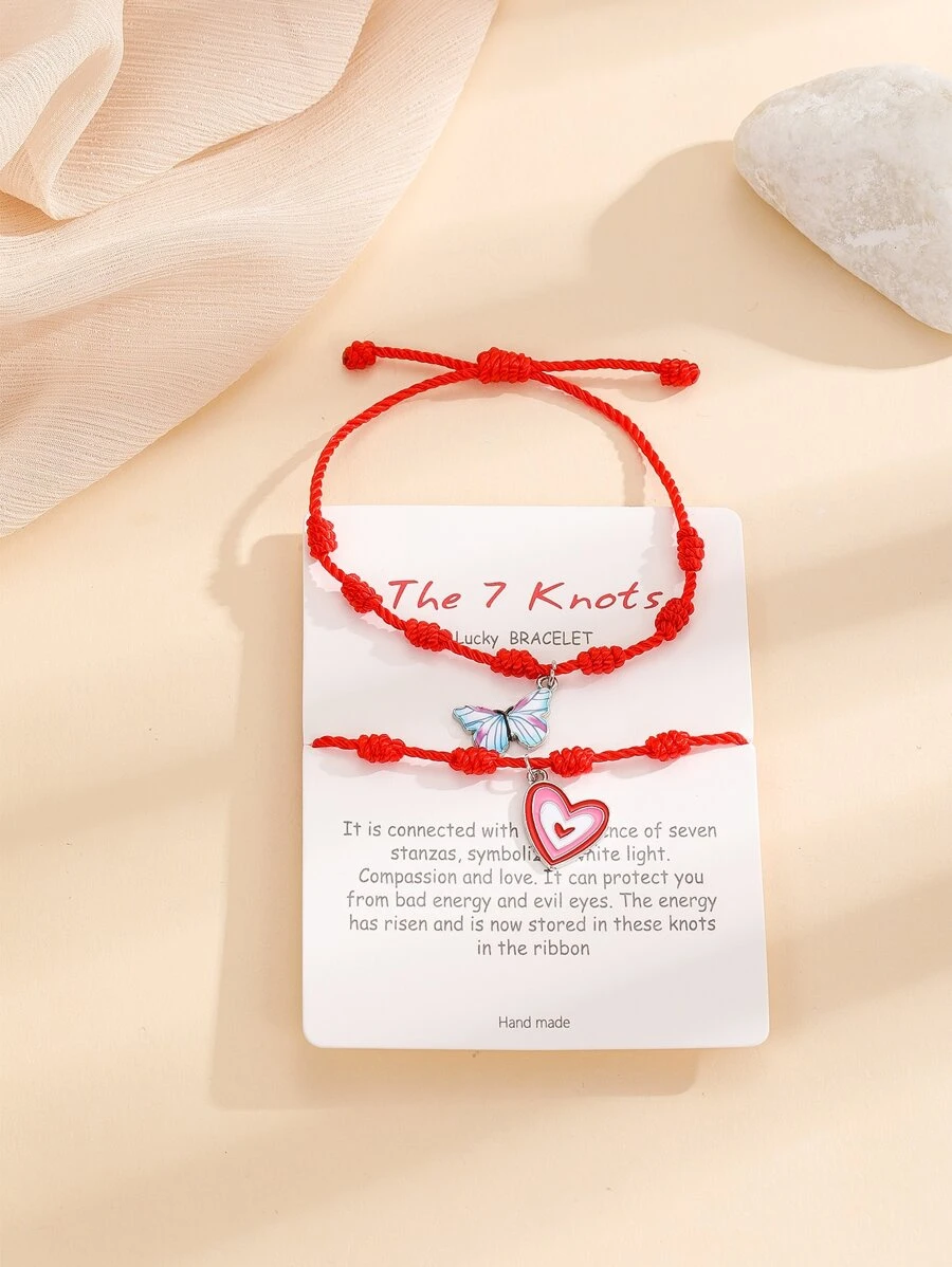 2pcs Butterfly & Heart Charm Bracelet - Multicolor - View 1