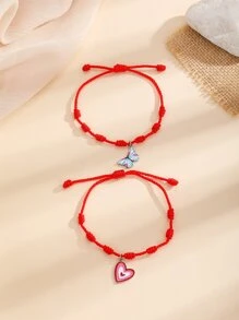 2pcs Butterfly & Heart Charm Bracelet - Multicolor - View 2