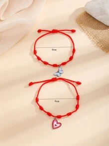 2pcs Butterfly & Heart Charm Bracelet - Multicolor - View 4