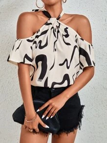 SHEIN LUNE Allover Print Cold Shoulder Blouse - Beige - View 1