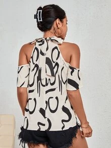 SHEIN LUNE Allover Print Cold Shoulder Blouse - Beige - View 2