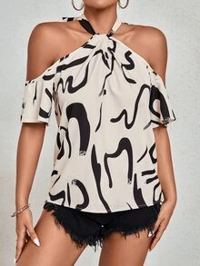 SHEIN LUNE Allover Print Cold Shoulder Blouse - Beige - View 4