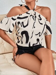 SHEIN LUNE Allover Print Cold Shoulder Blouse - Beige - View 6