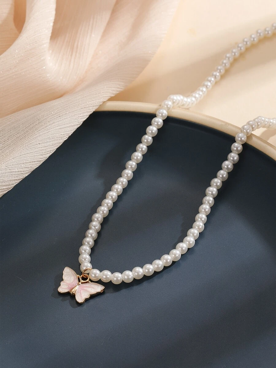 蝴蝶吊墜假珍珠串珠項鍊 - 白色 - 查看 1