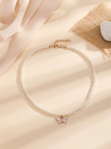 蝴蝶吊墜假珍珠串珠項鍊 - 白色 - 查看 2