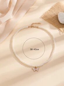 蝴蝶吊墜假珍珠串珠項鍊 - 白色 - 查看 3