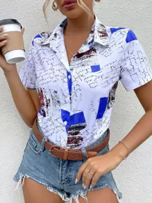 SHEIN LUNE Camisa con estampado de dibujo con botón delantero - Blanco - Ver 6