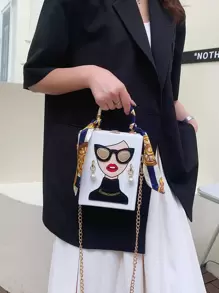 Bolso Redondo De Moda Con Estampado De Letras, Diseño De Baloncesto, Monedero, Bolso Cruzado De Cadena Mini, Con Figura De Dibujos Animados En Miniaturas En La Caja Gráfica