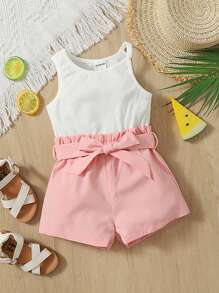 SHEIN Baby Two Tone Paperbag Waist Belted Romper - Multicolor - View 1