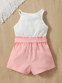 SHEIN Baby Two Tone Paperbag Waist Belted Romper - Multicolor - View 2