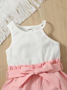 SHEIN Baby Two Tone Paperbag Waist Belted Romper - Multicolor - View 4