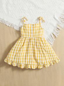 SHEIN Bebé Vestido cruzado de guingán con nudo delantero bajo con fruncido - Amarillo - Ver 2