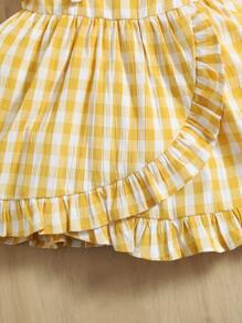 SHEIN Bebé Vestido cruzado de guingán con nudo delantero bajo con fruncido - Amarillo - Ver 4