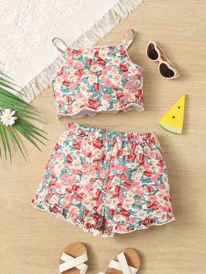SHEIN Baby Girl Allover Floral Print Lettuce Trim Cami Top & Shorts
