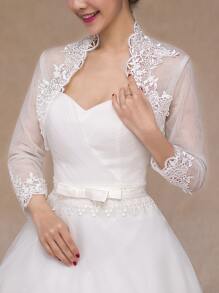 1pc White Lace Flower & Shoulder Sleeves Decor Bridal Shawl, Autumn/spring - White - View 3