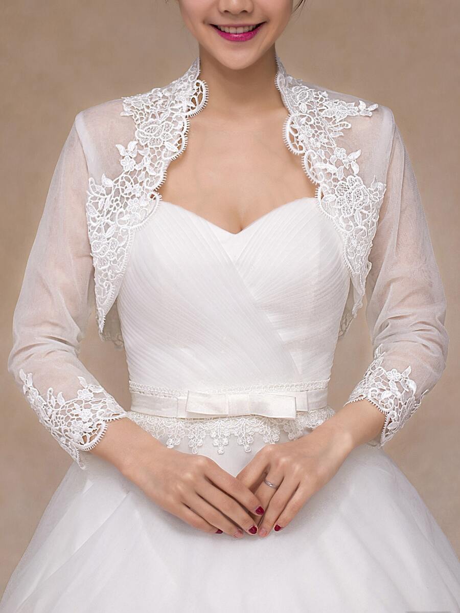 1pc White Lace Flower & Shoulder Sleeves Decor Bridal Shawl, Autumn/spring - White - View 1