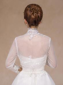 1pc White Lace Flower & Shoulder Sleeves Decor Bridal Shawl, Autumn/spring - White - View 4