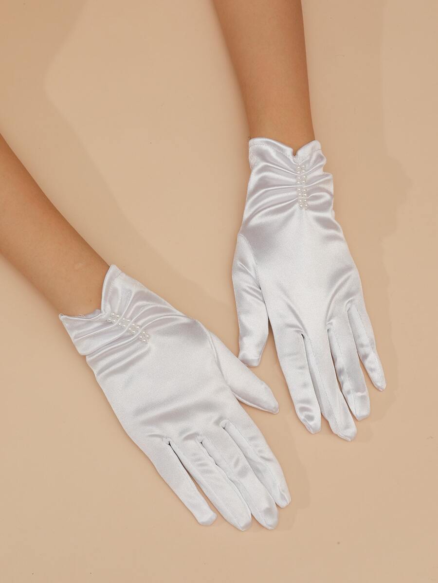 Faux Pearl Trang trí Ruched Chi tiết Găng tay cô dâu - trắng - Xem 1