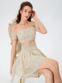 SHEIN MOD Ditsy Floral Shirred Off Shoulder Top & Skirt Set - Multicolor - View 1
