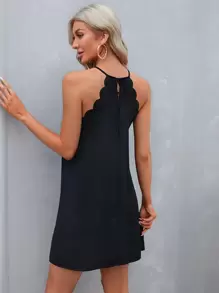 SHEIN LUNE Solid Scallop Trim Halter Dress,Casual - Black - View 2
