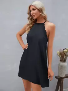 SHEIN LUNE Solid Scallop Trim Halter Dress,Casual - Black - View 3