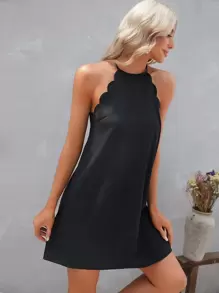 SHEIN LUNE Solid Scallop Trim Halter Dress,Casual - Black - View 5