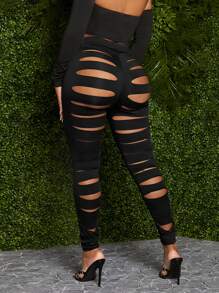 SHEIN SXY Solid Cut Out Back Leggings - Black - View 5