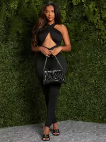 SHEIN SXY Đơn vị Nữ Lộ Lưng Hội Chữ thập Cắt ra màu trơn - màu đen - Xem 3