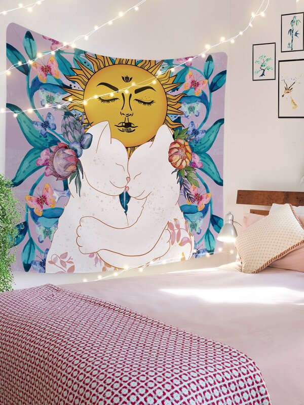 1pc Sun & Cat Pattern Tapestry With Storage Bag