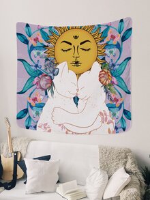 1pc Sun & Cat Pattern Tapestry With Storage Bag