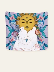 1pc Sun & Cat Pattern Tapestry With Storage Bag